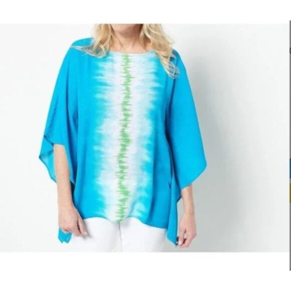 Quacker Factory By Jeanne Bice blue Tie-Dye Poncho Top size  XL embellished new - Picture 1 of 12